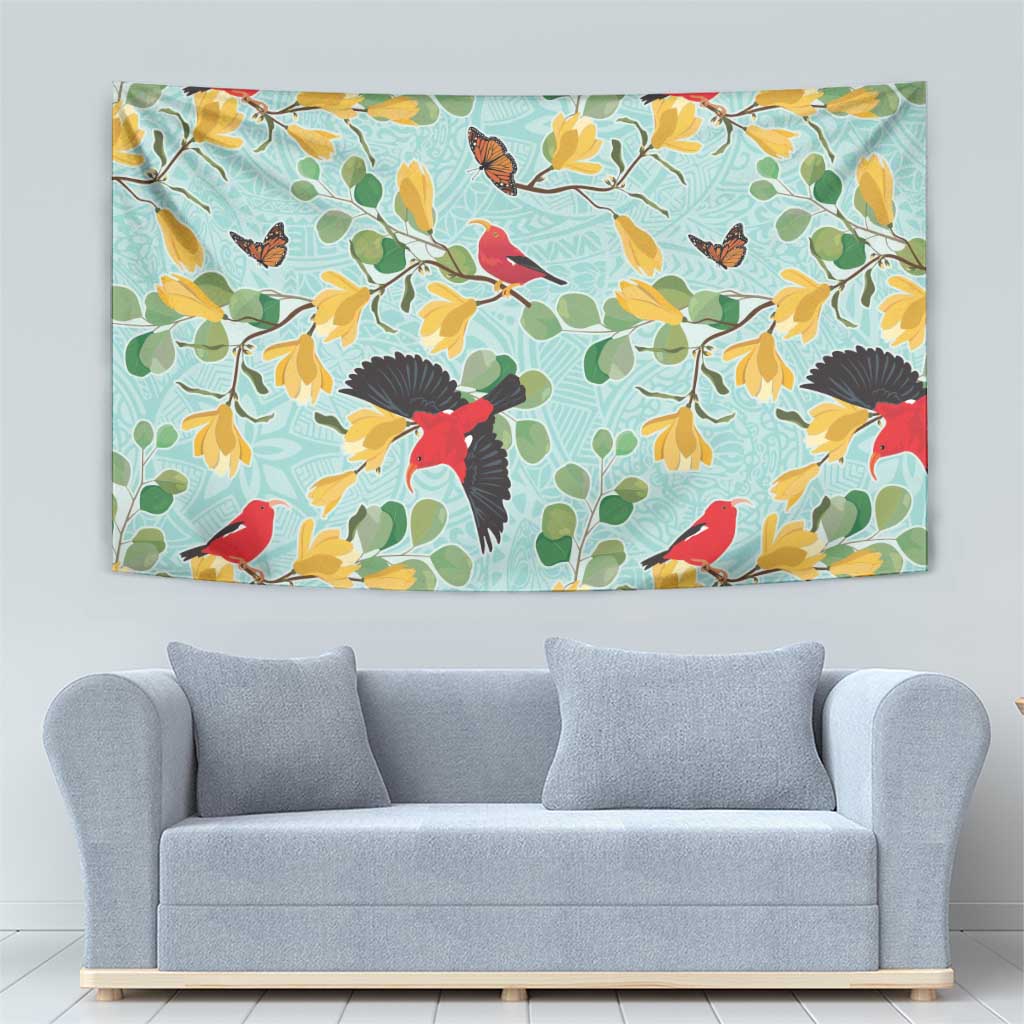Aloha Hawaii Tapestry I'iwi on Mamane Pastel Turquoise