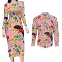 Aloha Hawaii Couples Matching Long Sleeve Bodycon Dress and Long Sleeve Button Shirt I'iwi on Mamane Pastel Pink