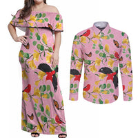 Aloha Hawaii Couples Matching Off Shoulder Maxi Dress and Long Sleeve Button Shirt I'iwi on Mamane Pastel Pink