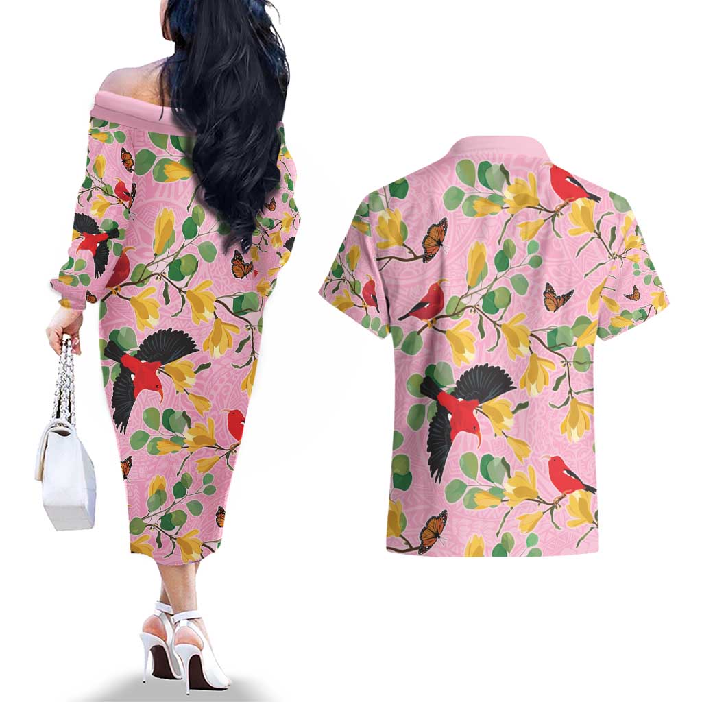 Aloha Hawaii Couples Matching Off The Shoulder Long Sleeve Dress and Hawaiian Shirt I'iwi on Mamane Pastel Pink