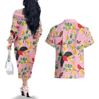 Aloha Hawaii Couples Matching Off The Shoulder Long Sleeve Dress and Hawaiian Shirt I'iwi on Mamane Pastel Pink