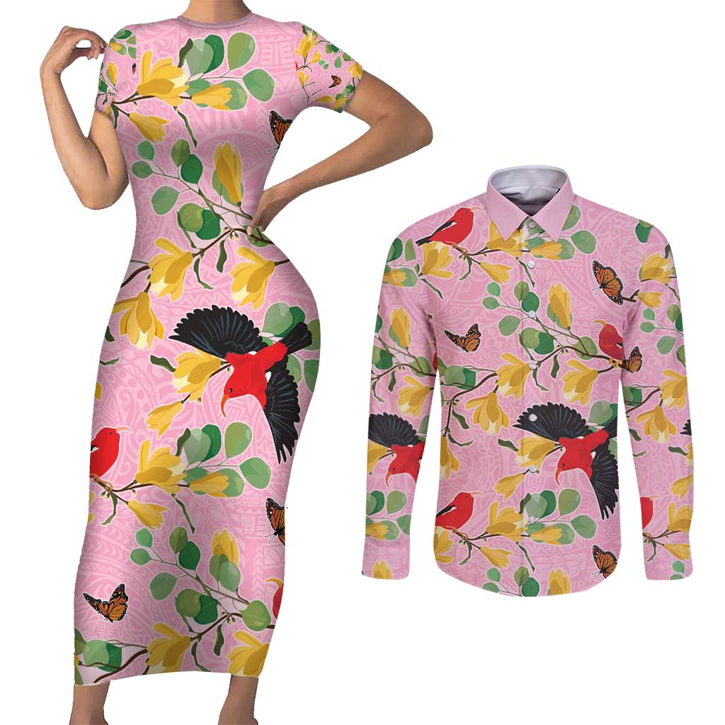 Aloha Hawaii Couples Matching Short Sleeve Bodycon Dress and Long Sleeve Button Shirt I'iwi on Mamane Pastel Pink
