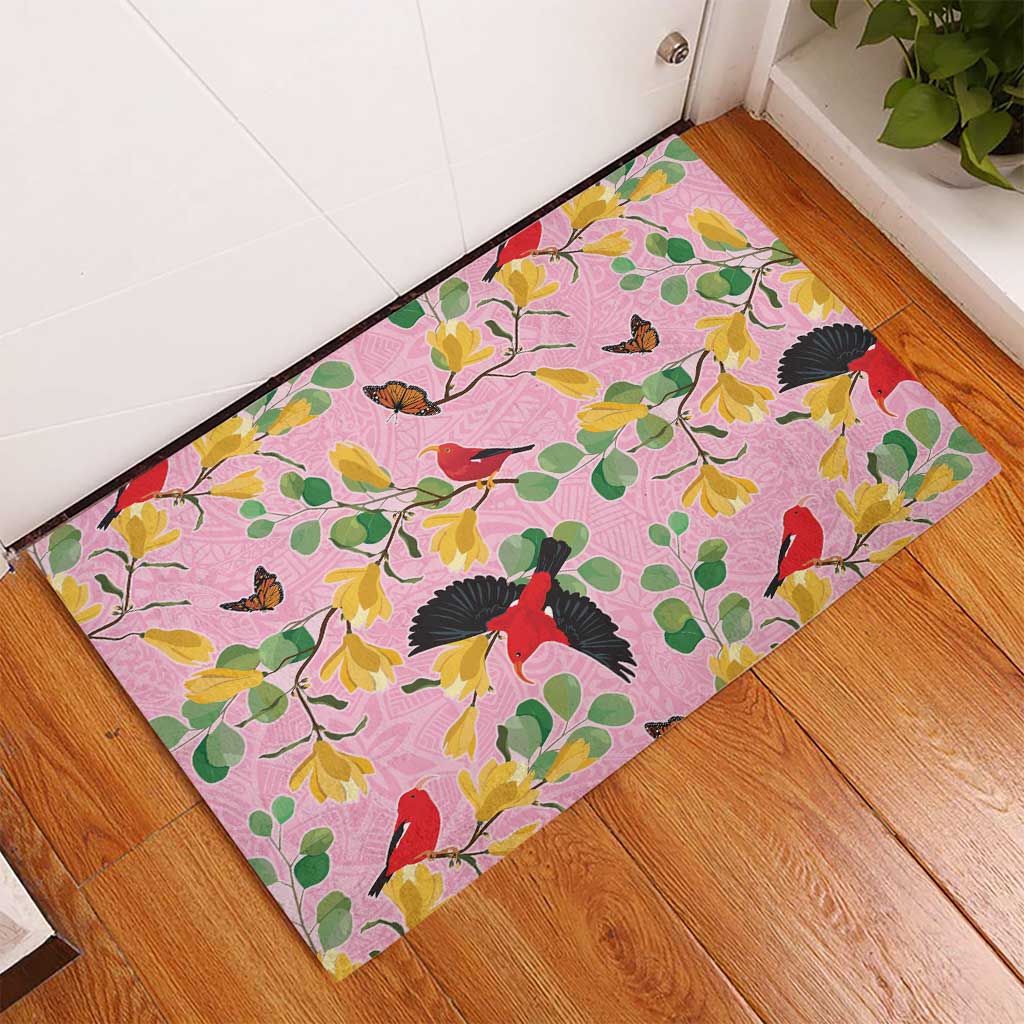 Aloha Hawaii Rubber Doormat I'iwi on Mamane Pastel Pink