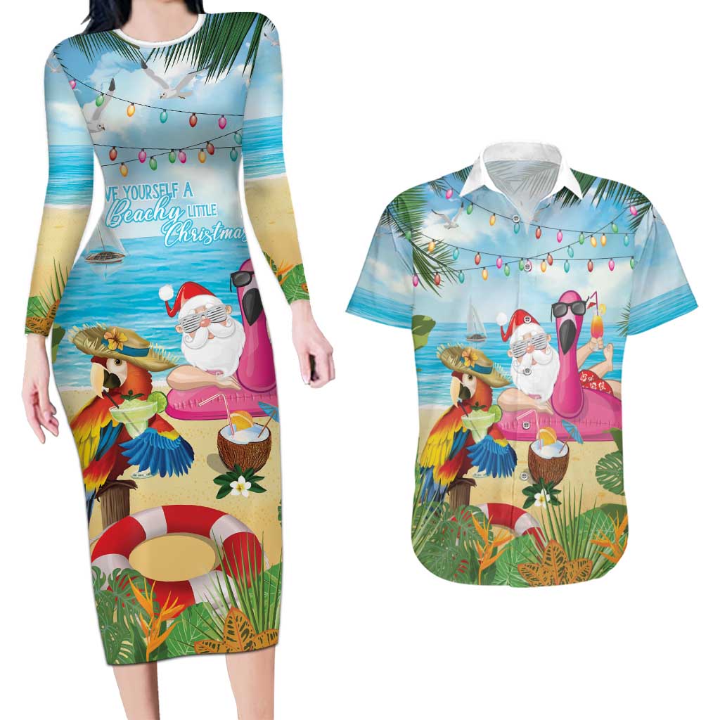Have Yourself A Beachy Little Christmas Couples Matching Long Sleeve Bodycon Dress and Hawaiian Shirt with Santa Chilling - Polynesian Pride