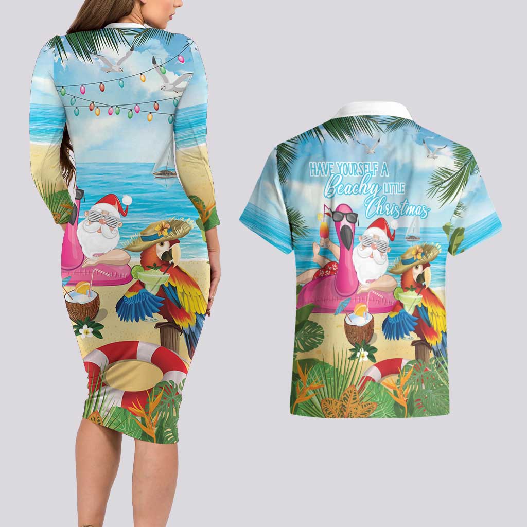 Have Yourself A Beachy Little Christmas Couples Matching Long Sleeve Bodycon Dress and Hawaiian Shirt with Santa Chilling - Polynesian Pride