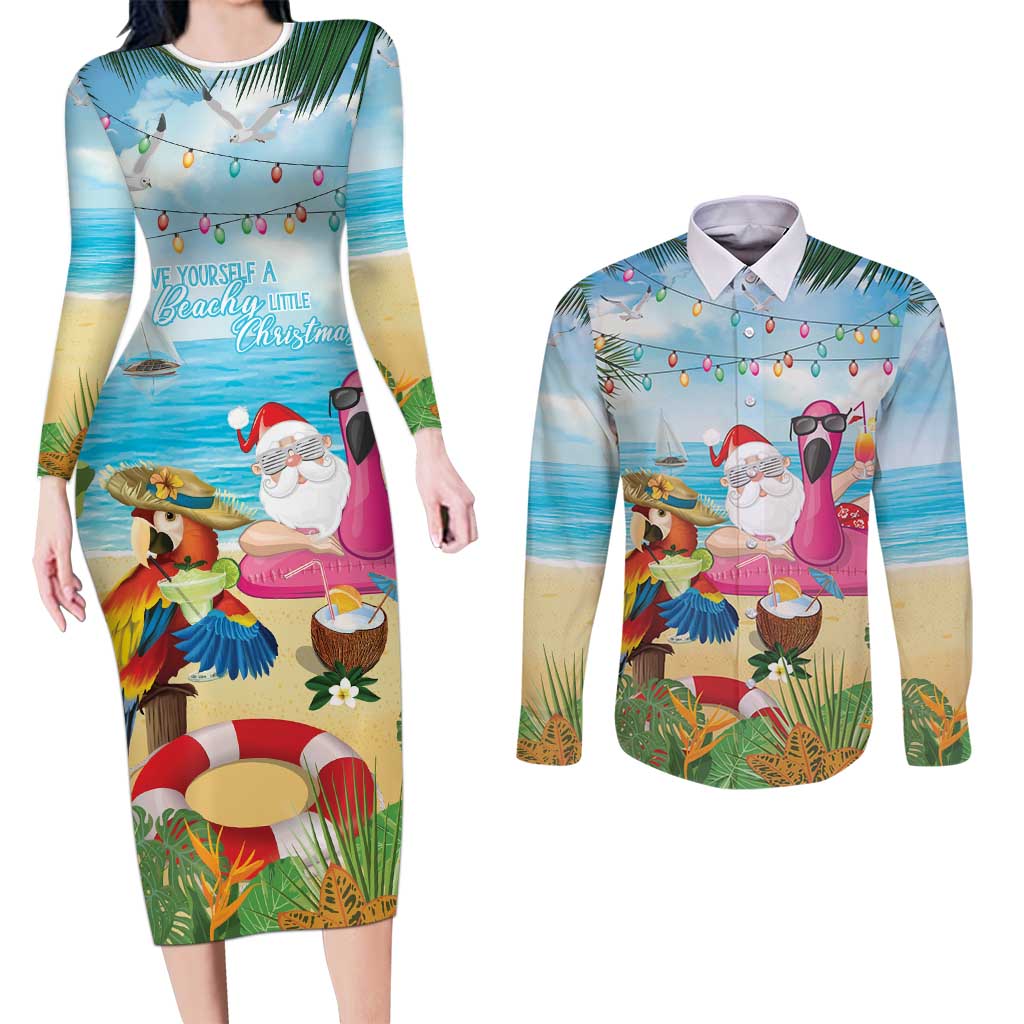 Have Yourself A Beachy Little Christmas Couples Matching Long Sleeve Bodycon Dress and Long Sleeve Button Shirt with Santa Chilling - Polynesian Pride