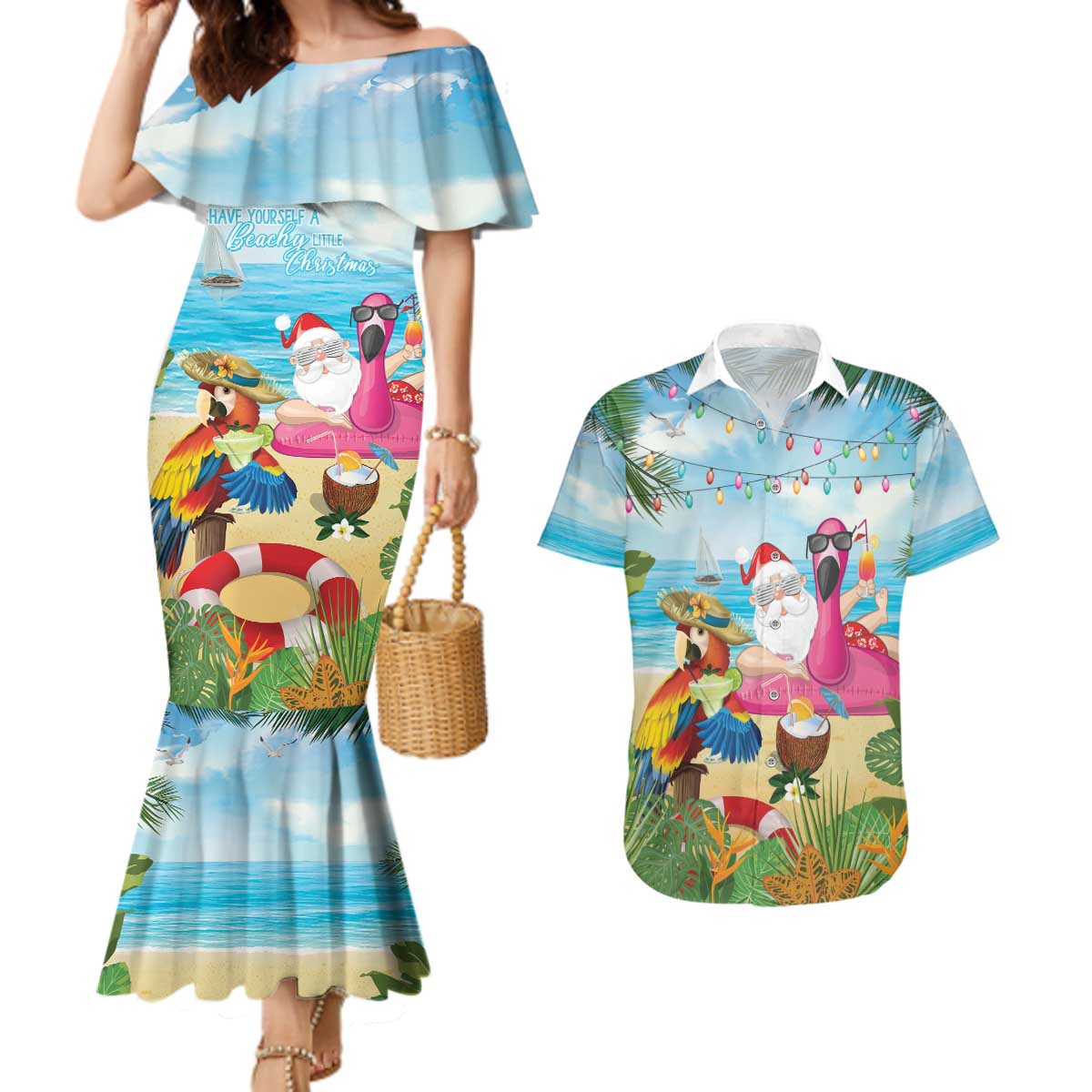 Have Yourself A Beachy Little Christmas Couples Matching Mermaid Dress and Hawaiian Shirt with Santa Chilling - Polynesian Pride