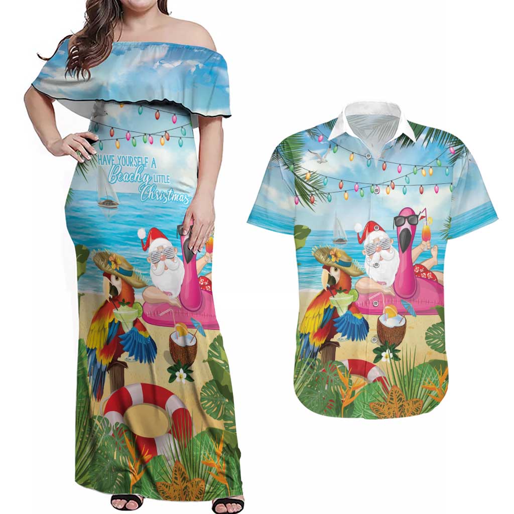 Have Yourself A Beachy Little Christmas Couples Matching Off Shoulder Maxi Dress and Hawaiian Shirt with Santa Chilling - Polynesian Pride