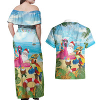 Have Yourself A Beachy Little Christmas Couples Matching Off Shoulder Maxi Dress and Hawaiian Shirt with Santa Chilling - Polynesian Pride