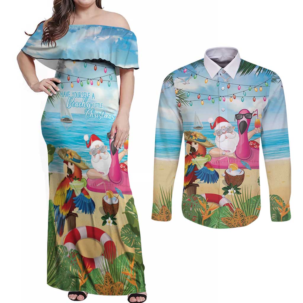 Have Yourself A Beachy Little Christmas Couples Matching Off Shoulder Maxi Dress and Long Sleeve Button Shirt with Santa Chilling - Polynesian Pride