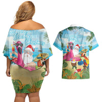 Have Yourself A Beachy Little Christmas Couples Matching Off Shoulder Short Dress and Hawaiian Shirt with Santa Chilling - Polynesian Pride