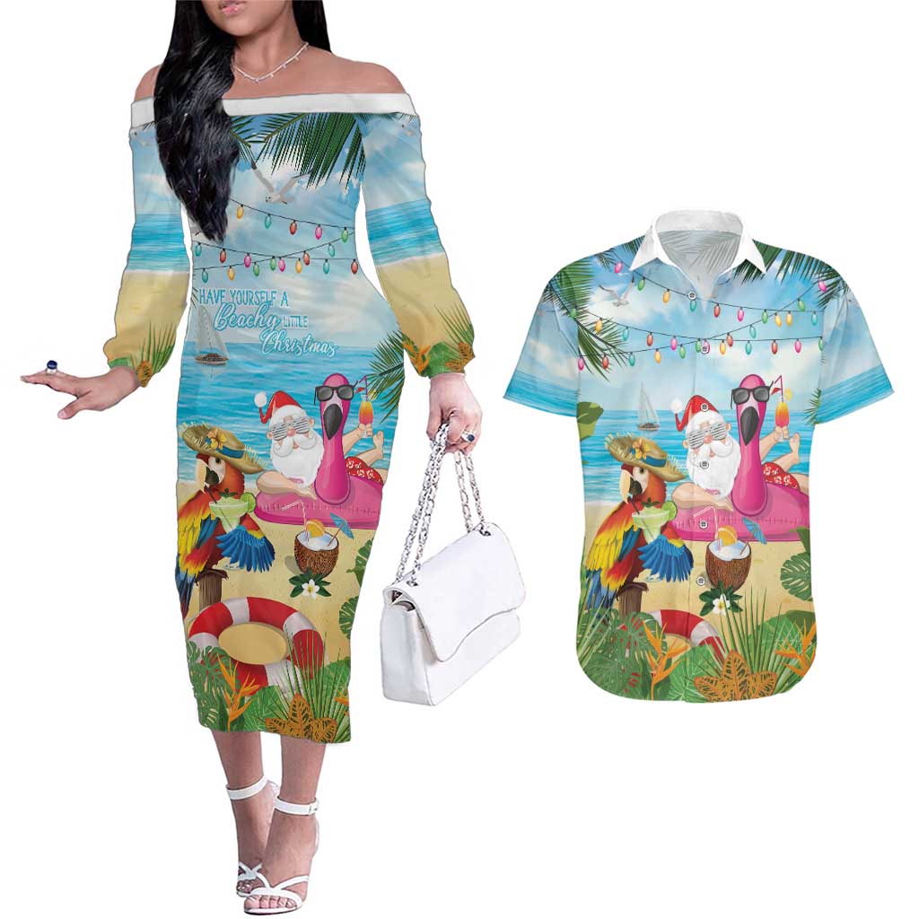 Have Yourself A Beachy Little Christmas Couples Matching Off The Shoulder Long Sleeve Dress and Hawaiian Shirt with Santa Chilling - Polynesian Pride