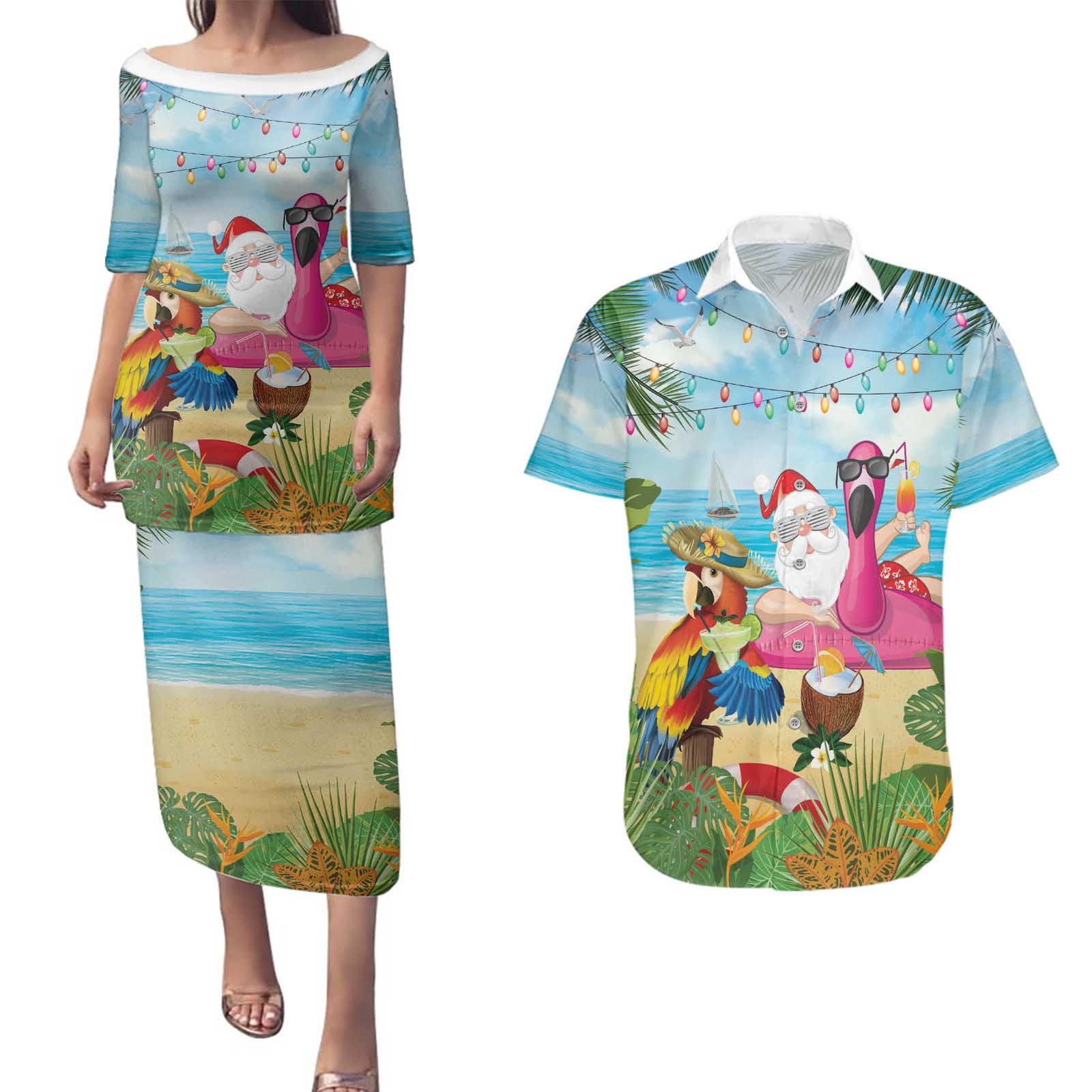 Have Yourself A Beachy Little Christmas Couples Matching Puletasi and Hawaiian Shirt with Santa Chilling - Polynesian Pride