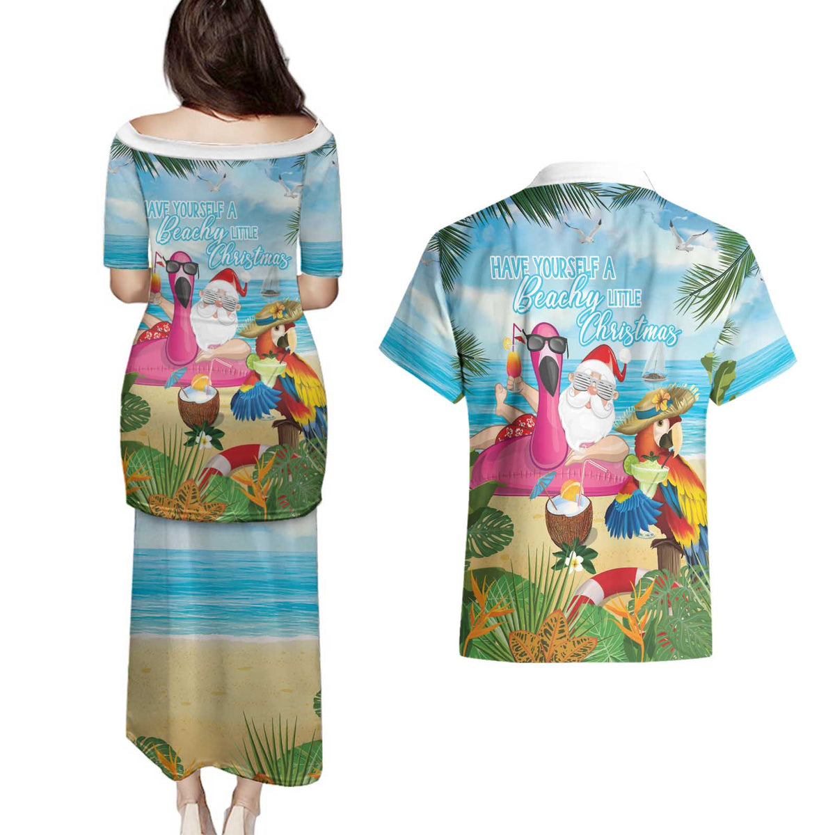 Have Yourself A Beachy Little Christmas Couples Matching Puletasi and Hawaiian Shirt with Santa Chilling - Polynesian Pride