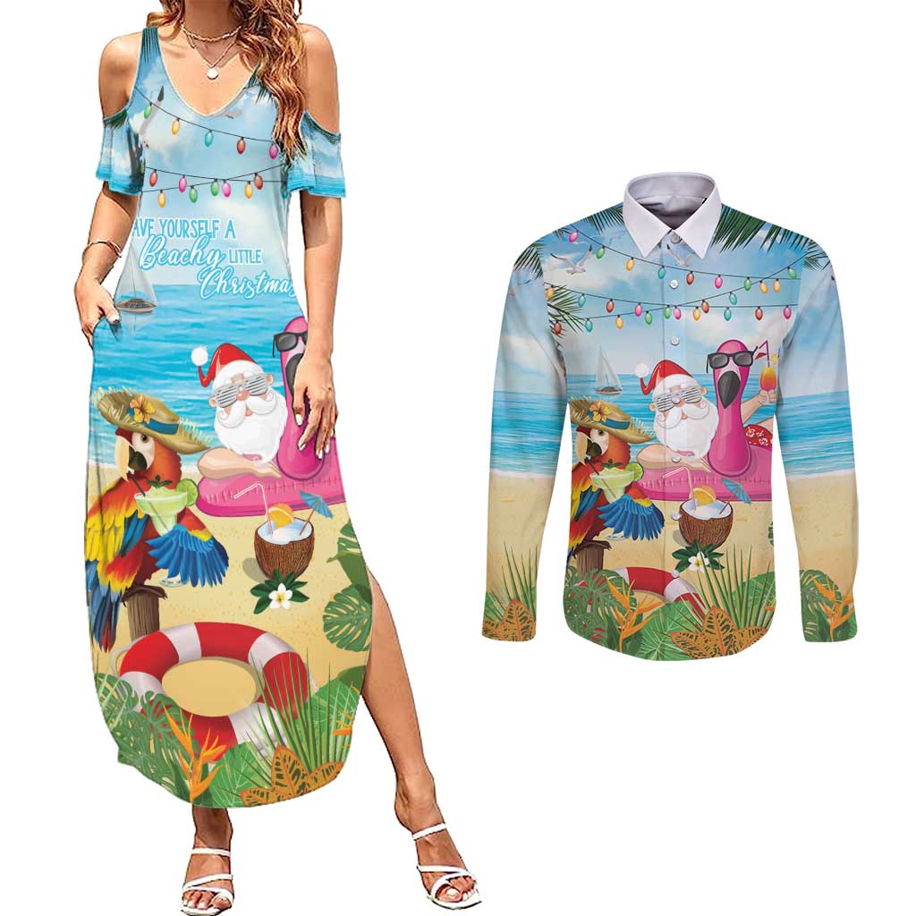 Have Yourself A Beachy Little Christmas Couples Matching Summer Maxi Dress and Long Sleeve Button Shirt with Santa Chilling - Polynesian Pride