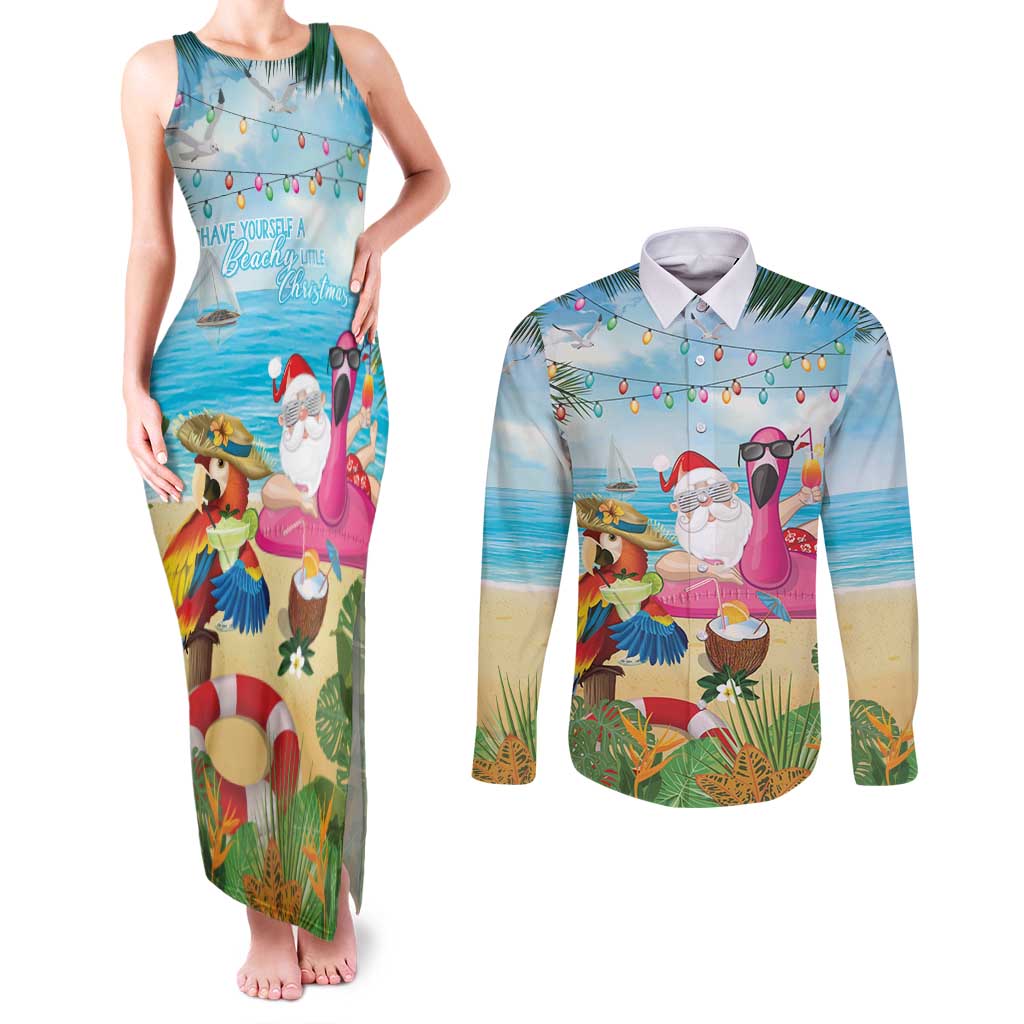 Have Yourself A Beachy Little Christmas Couples Matching Tank Maxi Dress and Long Sleeve Button Shirt with Santa Chilling - Polynesian Pride