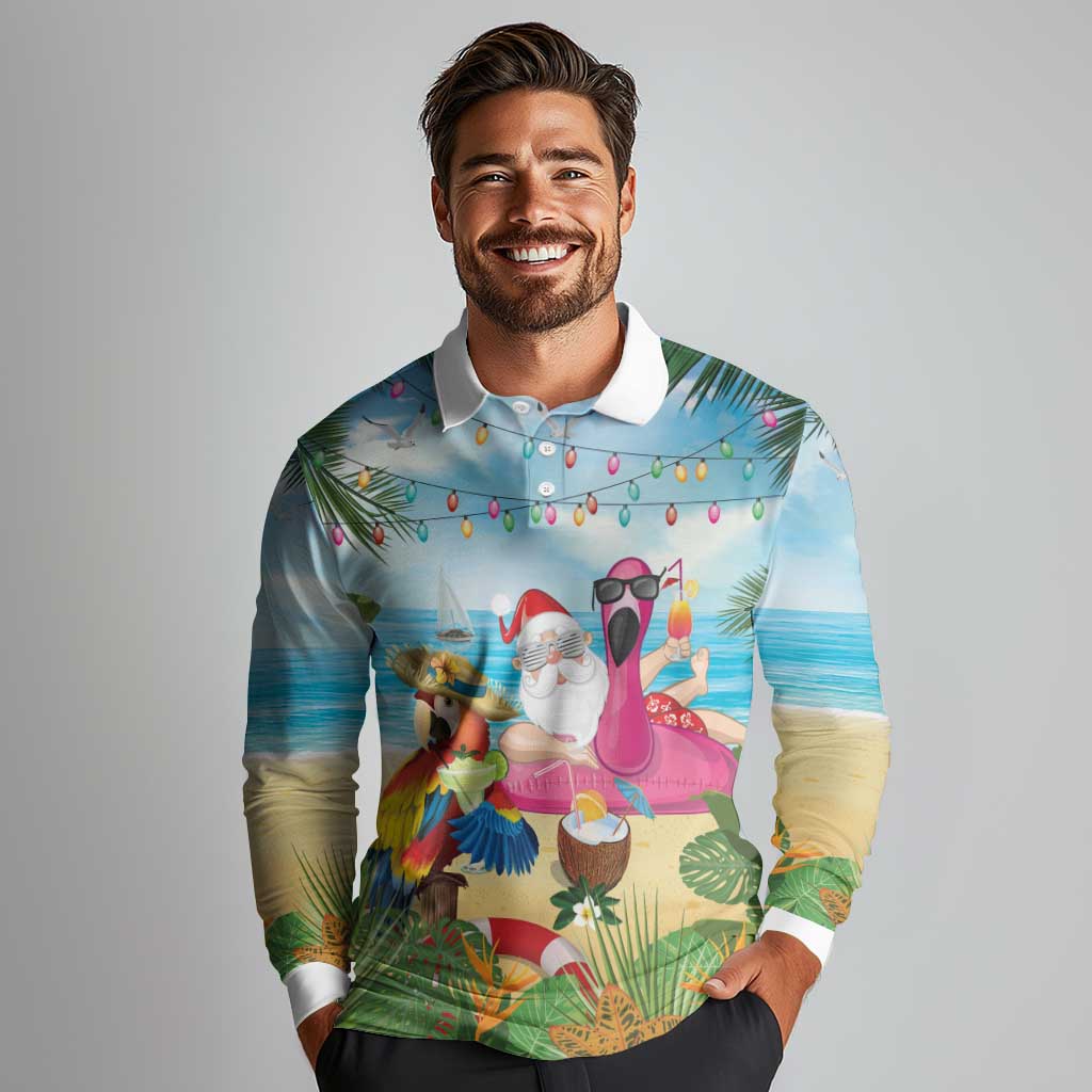Have Yourself A Beachy Little Christmas Long Sleeve Polo Shirt with Santa Chilling - Polynesian Pride