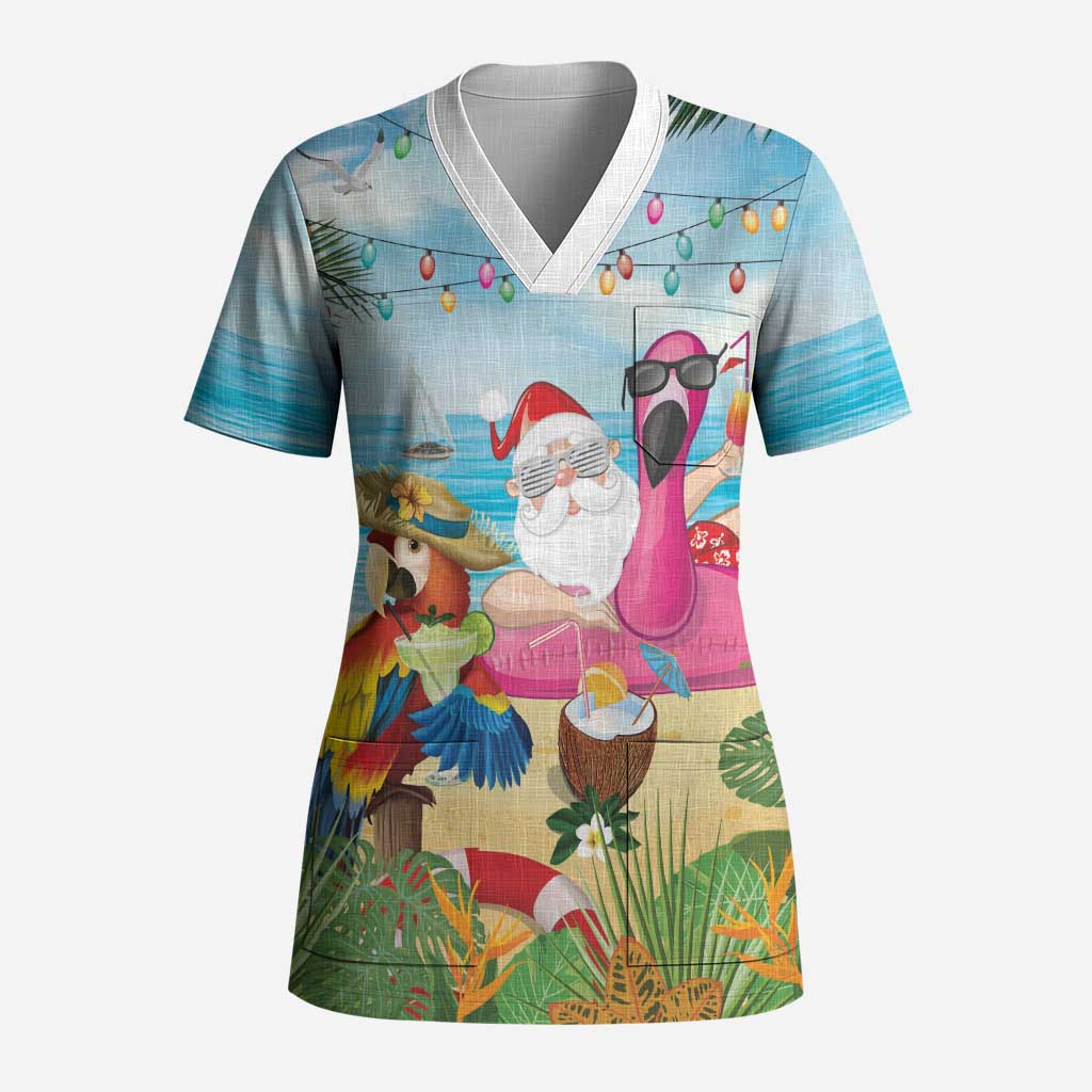 Have Yourself A Beachy Little Christmas Scrub Top with Santa Chilling - Polynesian Pride