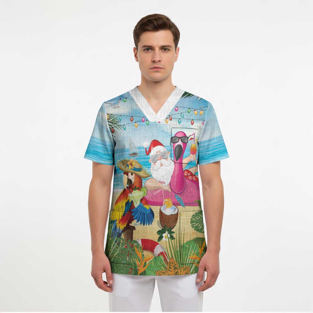 Have Yourself A Beachy Little Christmas Scrub Top with Santa Chilling - Polynesian Pride