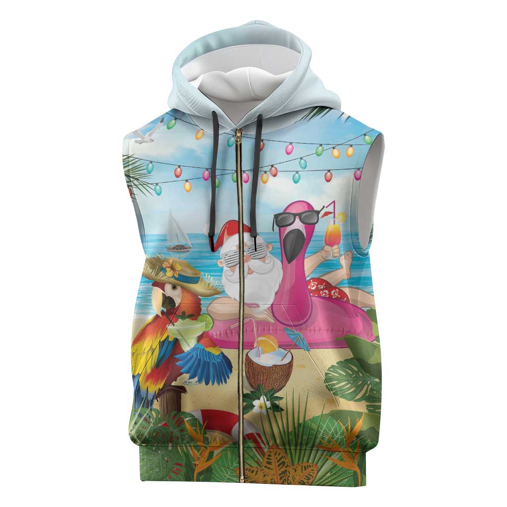 Have Yourself A Beachy Little Christmas Sleeveless Zip Hoodie with Santa Chilling - Polynesian Pride