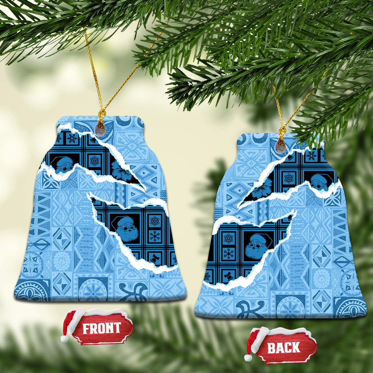 Bula Fiji Tapa Mix Christmas Ceramic Ornament Vintage Style LT7 Bell Flake Turquoise - Polynesian Pride