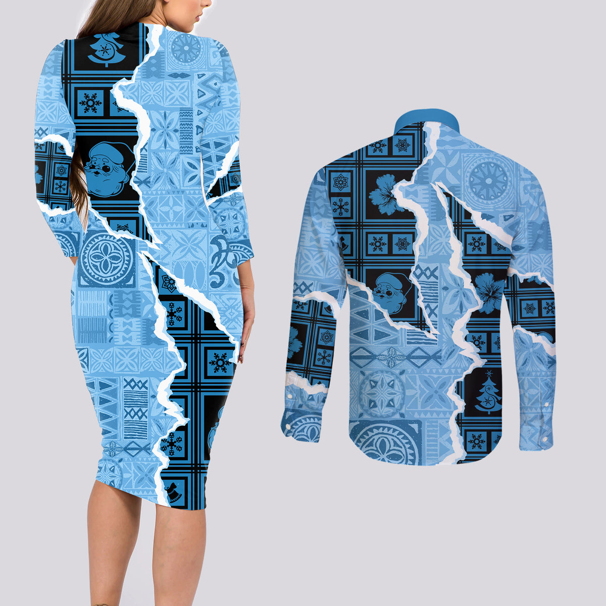 Bula Fiji Tapa Mix Christmas Couples Matching Long Sleeve Bodycon Dress and Long Sleeve Button Shirt Vintage Style LT7 - Polynesian Pride