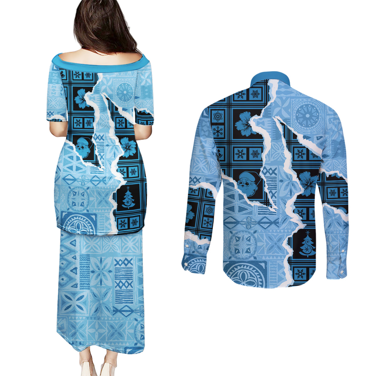 Bula Fiji Tapa Mix Christmas Couples Matching Puletasi Dress and Long Sleeve Button Shirt Vintage Style LT7 - Polynesian Pride