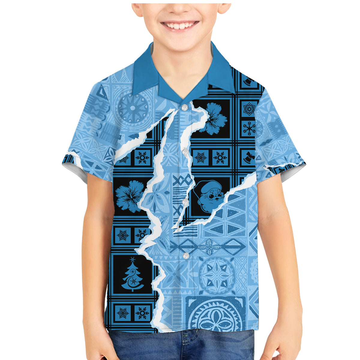 Bula Fiji Tapa Mix Christmas Family Matching Mermaid Dress and Hawaiian Shirt Vintage Style LT7 Son's Shirt Turquoise - Polynesian Pride