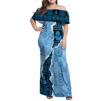 Bula Fiji Tapa Mix Christmas Family Matching Off Shoulder Maxi Dress and Hawaiian Shirt Vintage Style LT7 Mom's Dress Turquoise - Polynesian Pride