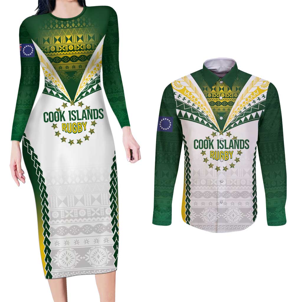 Cook Islands Rugby Custom Couples Matching Long Sleeve Bodycon Dress and Long Sleeve Button Shirt Kuki's Aitu Champions LT7 Colorful - Polynesian Pride