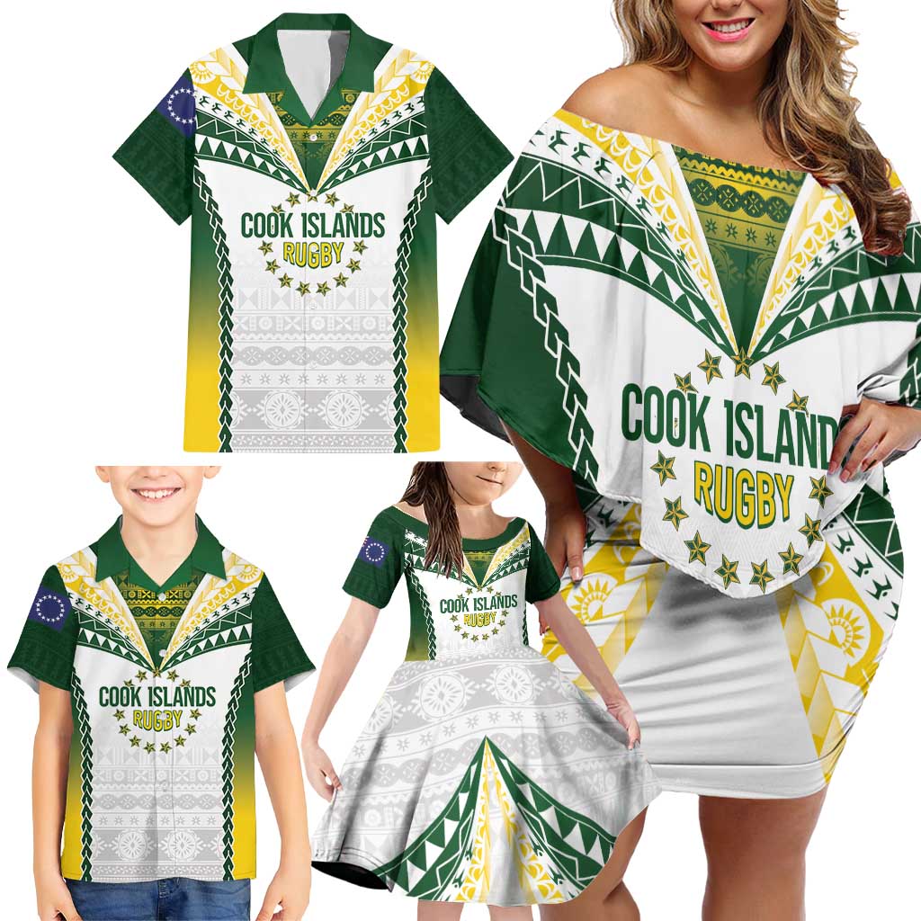Cook Islands Rugby Custom Family Matching Off Shoulder Short Dress and Hawaiian Shirt Kuki's Aitu Champions - Polynesian Pride