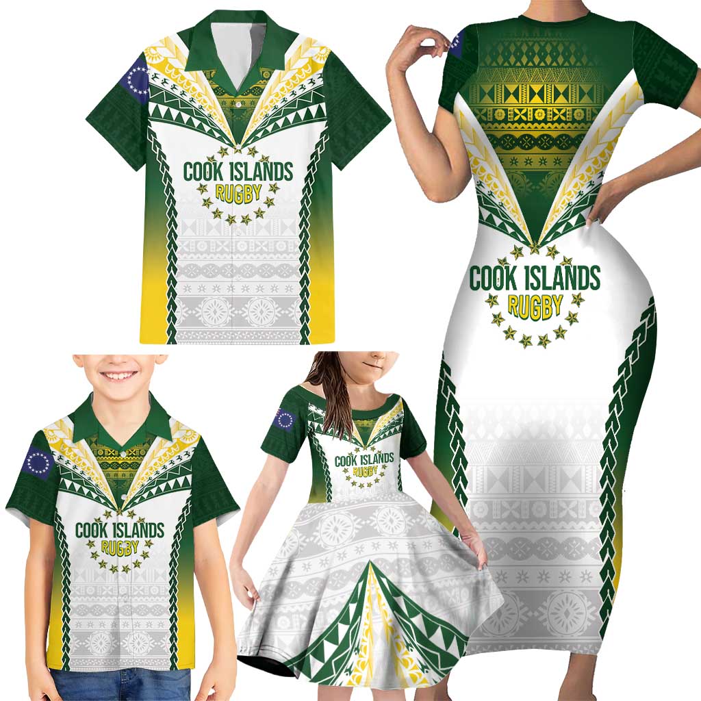 Cook Islands Rugby Custom Family Matching Short Sleeve Bodycon Dress and Hawaiian Shirt Kuki's Aitu Champions - Polynesian Pride