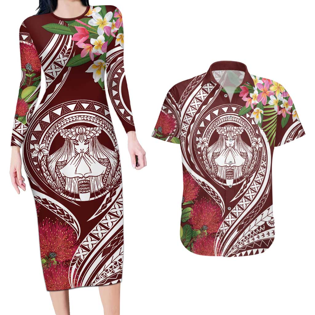 Aloha Hawaii Big Island Couples Matching Long Sleeve Bodycon Dress and Hawaiian Shirt Ohia Lehua Wahine