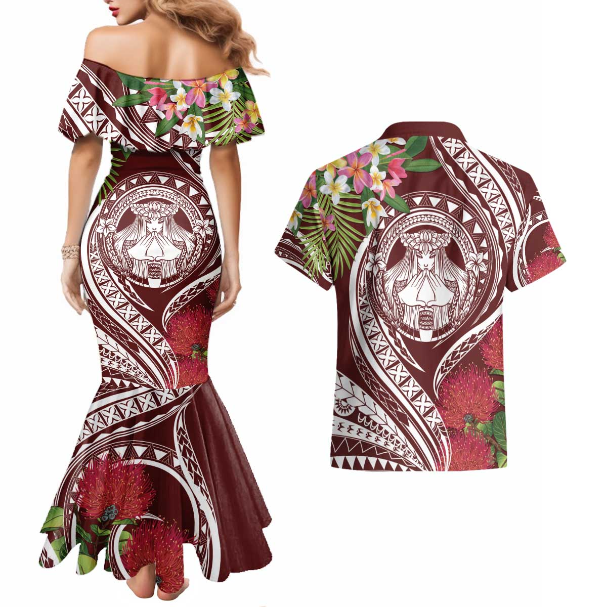 Aloha Hawaii Big Island Couples Matching Mermaid Dress and Hawaiian Shirt Ohia Lehua Wahine
