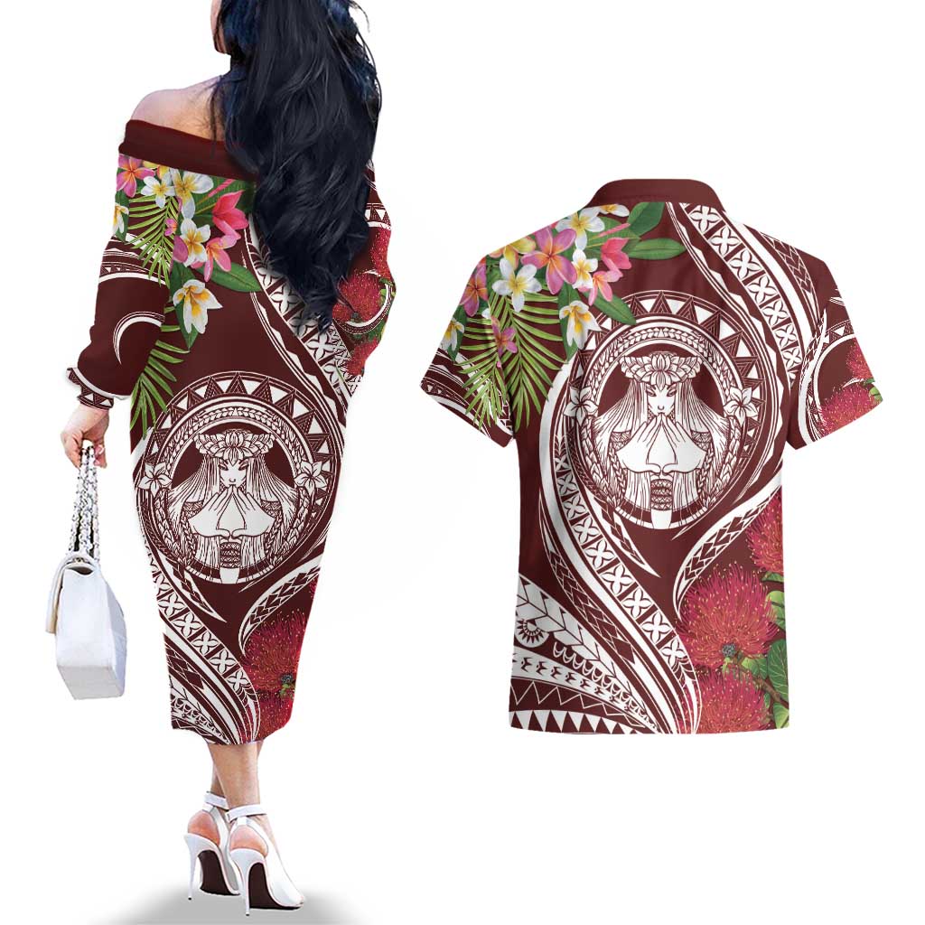 Aloha Hawaii Big Island Couples Matching Off The Shoulder Long Sleeve Dress and Hawaiian Shirt Ohia Lehua Wahine