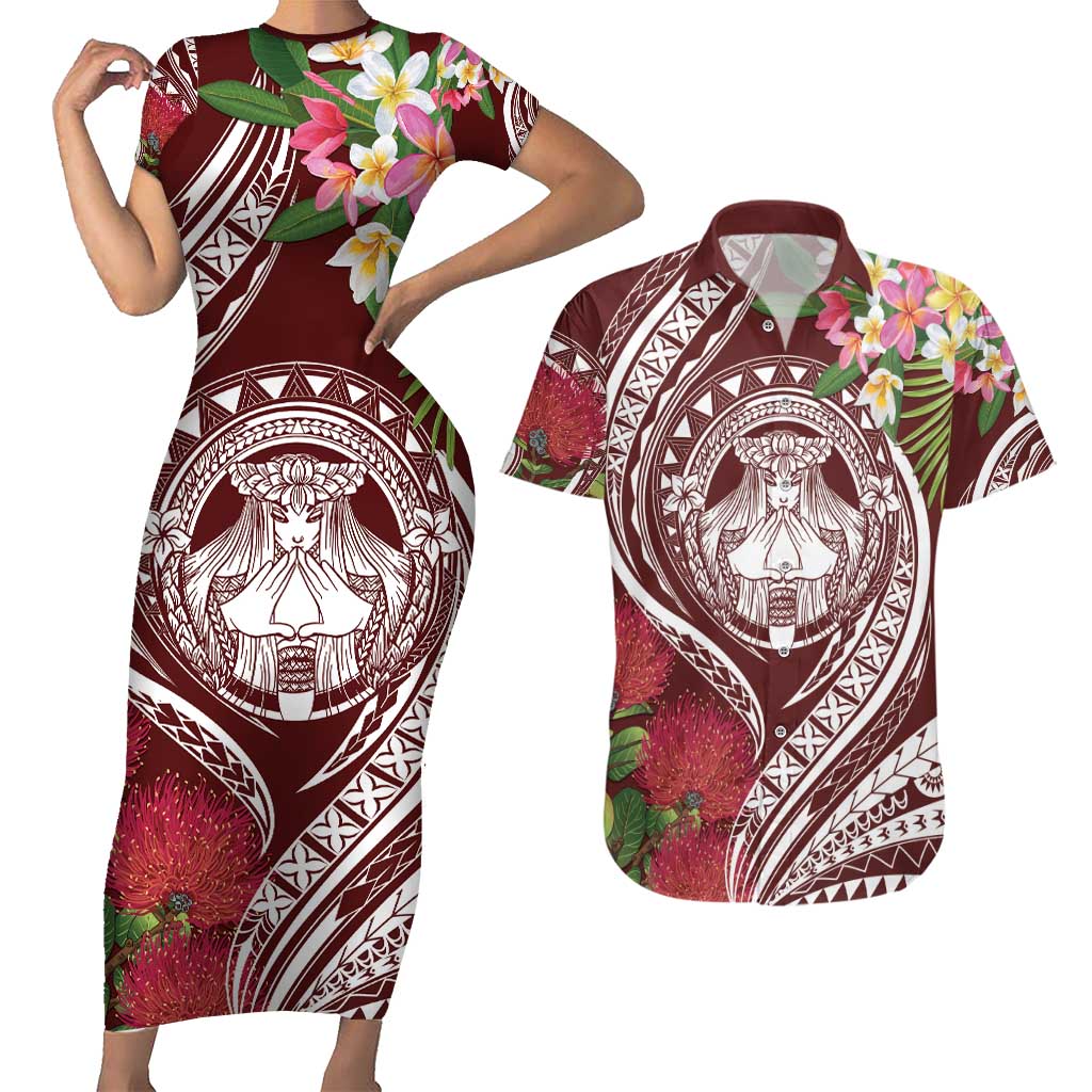 Aloha Hawaii Big Island Couples Matching Short Sleeve Bodycon Dress and Hawaiian Shirt Ohia Lehua Wahine