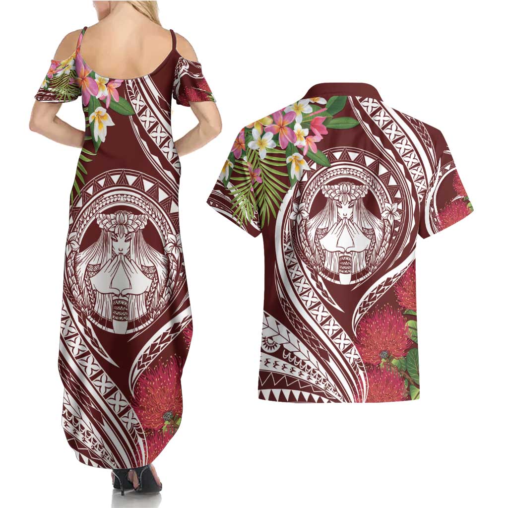 Aloha Hawaii Big Island Couples Matching Summer Maxi Dress and Hawaiian Shirt Ohia Lehua Wahine