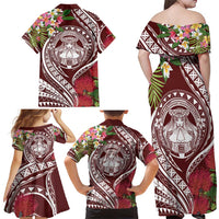 Aloha Hawaii Big Island Family Matching Off Shoulder Maxi Dress and Hawaiian Shirt Ohia Lehua Wahine