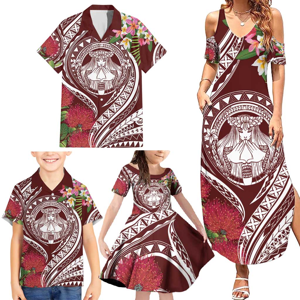 Aloha Hawaii Big Island Family Matching Summer Maxi Dress and Hawaiian Shirt Ohia Lehua Wahine