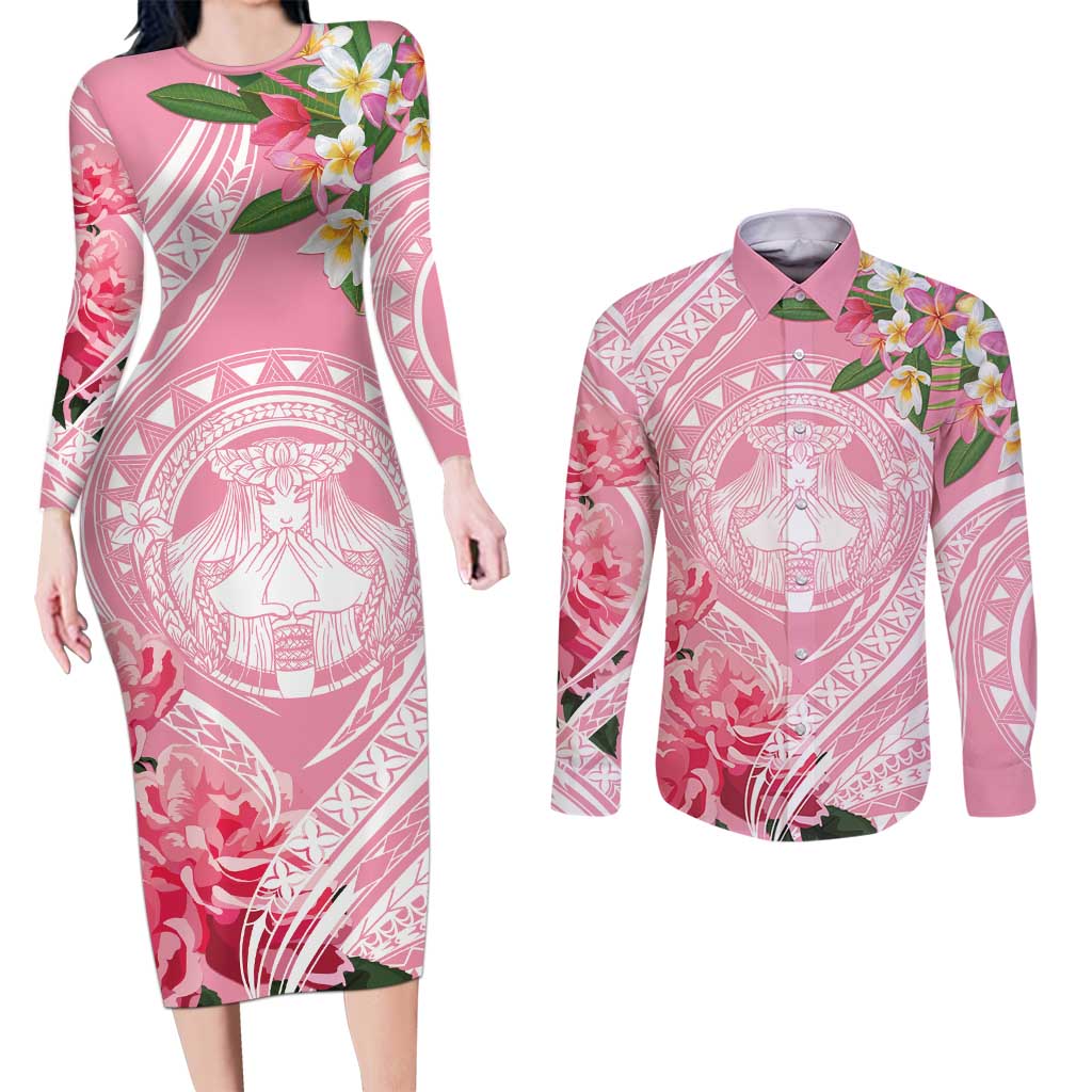 Aloha Hawaii Maui Couples Matching Long Sleeve Bodycon Dress and Long Sleeve Button Shirt Goddess Lokelani Rose LT7 Pink - Polynesian Pride