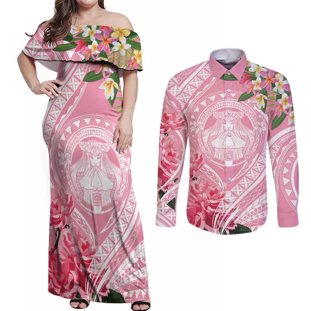Aloha Hawaii Maui Couples Matching Off Shoulder Maxi Dress and Long Sleeve Button Shirt Goddess Lokelani Rose LT7 Pink - Polynesian Pride