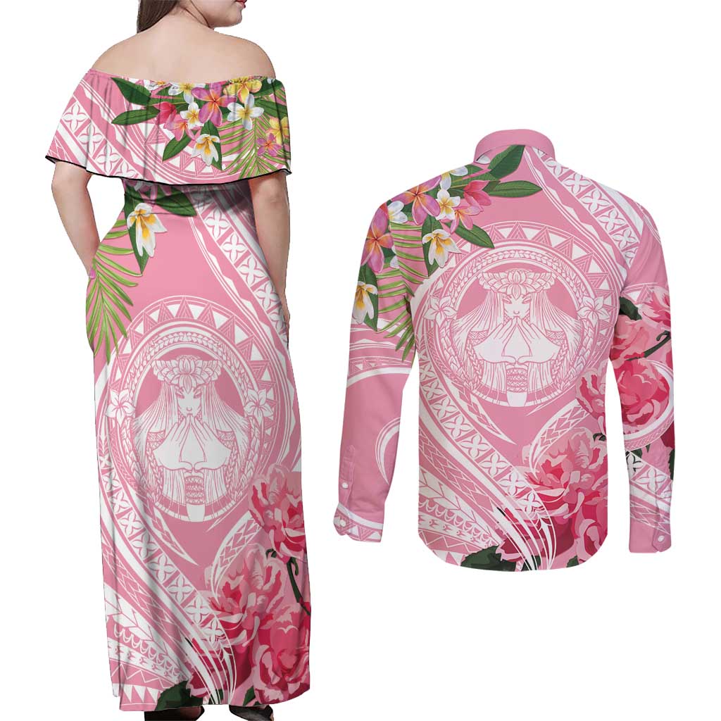 Aloha Hawaii Maui Couples Matching Off Shoulder Maxi Dress and Long Sleeve Button Shirt Goddess Lokelani Rose LT7 - Polynesian Pride