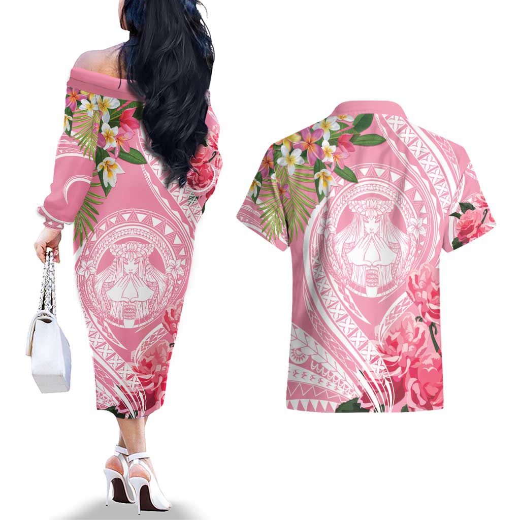 Aloha Hawaii Maui Couples Matching Off The Shoulder Long Sleeve Dress and Hawaiian Shirt Goddess Lokelani Rose