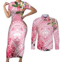 Aloha Hawaii Maui Couples Matching Short Sleeve Bodycon Dress and Long Sleeve Button Shirt Goddess Lokelani Rose LT7 Pink - Polynesian Pride