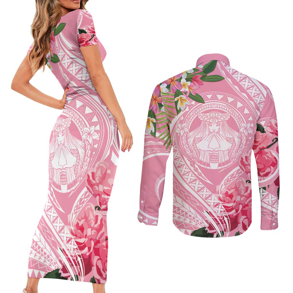 Aloha Hawaii Maui Couples Matching Short Sleeve Bodycon Dress and Long Sleeve Button Shirt Goddess Lokelani Rose LT7 - Polynesian Pride