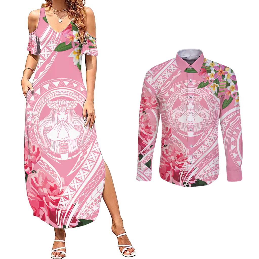 Aloha Hawaii Maui Couples Matching Summer Maxi Dress and Long Sleeve Button Shirt Goddess Lokelani Rose LT7 Pink - Polynesian Pride