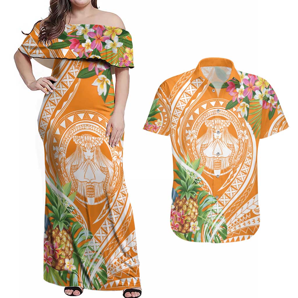 Aloha Hawaii Lanai Couples Matching Off Shoulder Maxi Dress and Hawaiian Shirt Frangipani Mix Pineapple