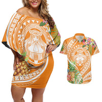 Aloha Hawaii Lanai Couples Matching Off Shoulder Short Dress and Hawaiian Shirt Frangipani Mix Pineapple