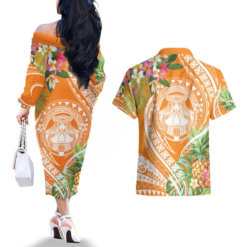 Aloha Hawaii Lanai Couples Matching Off The Shoulder Long Sleeve Dress and Hawaiian Shirt Frangipani Mix Pineapple
