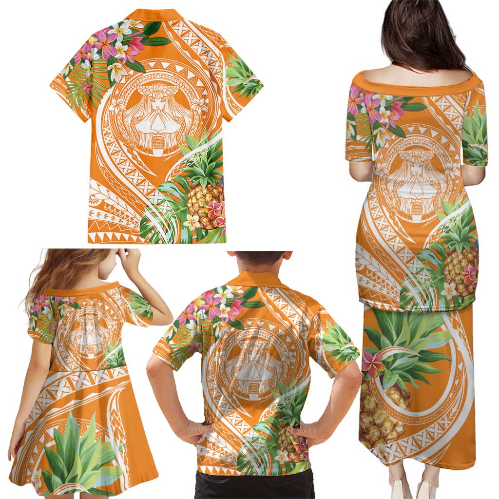 Aloha Hawaii Lanai Family Matching Puletasi and Hawaiian Shirt Frangipani Mix Pineapple